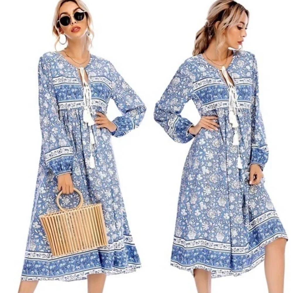 R. Vivimos long sleeve blue and whit floral print bohemian midi dress sz Large L